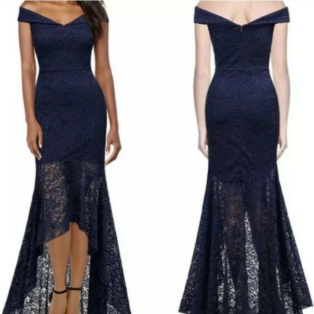 Miusol Formal Navy Blue Lace hi low gown Deep-v Neck Off Shoulder, 19" PTP, 58"L